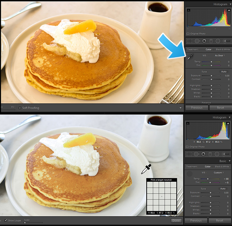 Pancakes Before and After Food in focus, color correct food photography