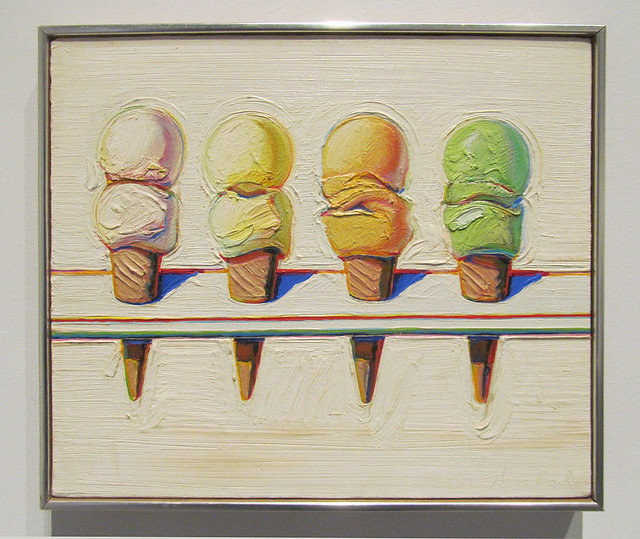 Wayne Thiebaud, Wayne Thiebaud postmodern food illustration, food fine arts icons, iconic food still life paintings, surrealist food painting, postmodern food illustrator, food fine arts inspiration, food creative inspiration, influential food artist, pop art food art pioneer Wayne Thiebaud, postmodern food art, four ice cream cones by wayne thiebaud