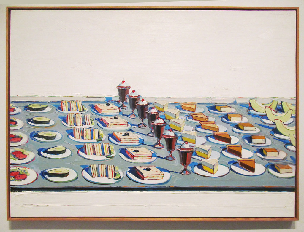 Wayne Thiebaud, Wayne Thiebaud postmodern food illustration, food fine arts icons, iconic food still life paintings, surrealist food painting, postmodern food illustrator, food fine arts inspiration, food creative inspiration, influential food artist, pop art food art pioneer Wayne Thiebaud, postmodern food art, salads sandwiches and desserts by waybe thiebaud