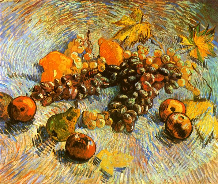 post-impressionist food still lives, grapes, apples, pears, lemon, fruit, Vincent van Gogh post Impressionism Food Art, Vincent van Gogh food post impressionist paintings, international food fine art icons, legendary food art, food color art, food fine arts inspiration, food creative inspiration, influential food artist, Duch food artist, food fine arts icons, iconic pos impressionist food still life paintings, lifestyle food painting, food illustrator, food fine arts inspiration, food creative inspiration, influential food artist,